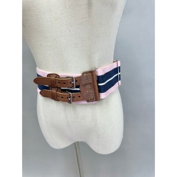 Polo Ralph Lauren Pink Navy Striped Webbed Canvas Double Buckle Belt Size Small - Picture 4 of 16